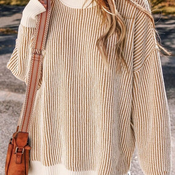 Casual Women's Striped Colorblock Loose Fit Round Neck Pullover Sweater top - Picture 5 of 8